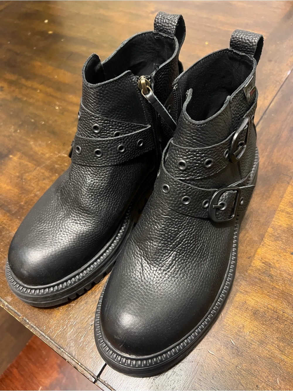 Women's Black Textured 100% Leather Ankle Booties with Buckle Detail